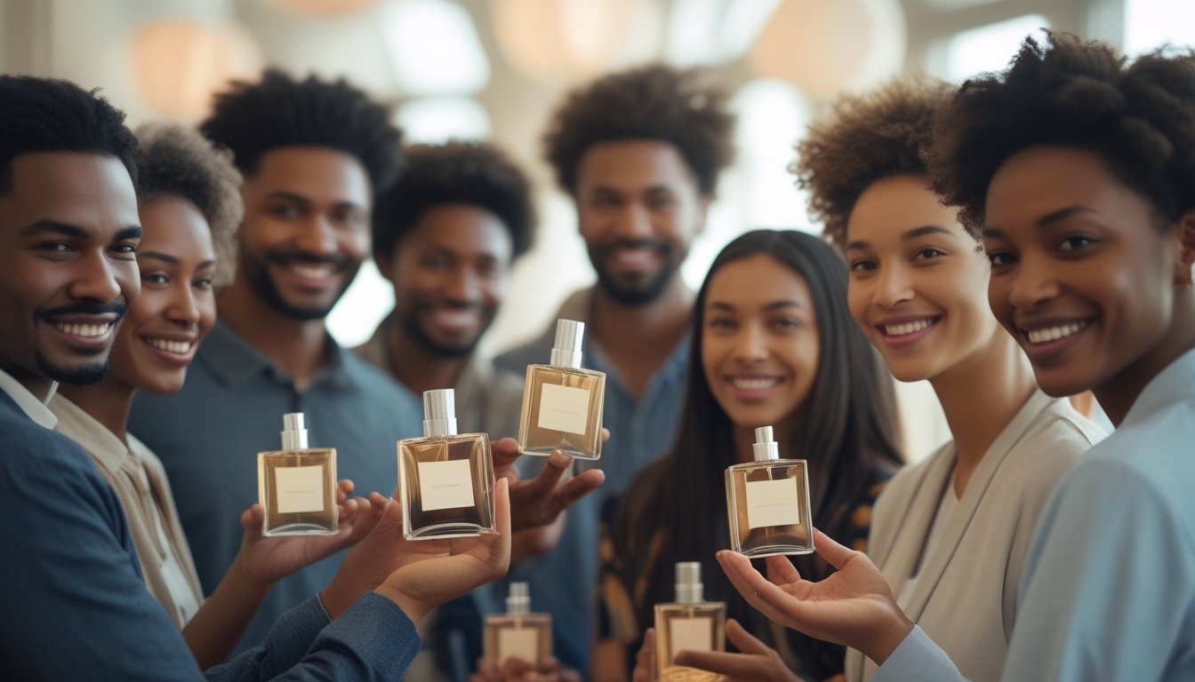 Sekelompok orang dari berbagai usia dan latar belakang sedang tersenyum dan memegang botol parfum unisex di ruangan yang terang dan modern.