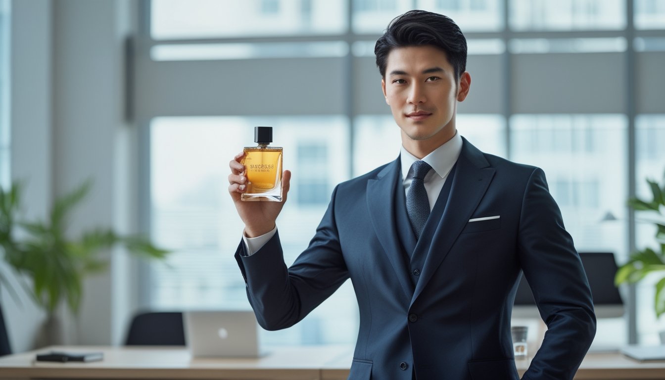 Seorang pria berpakaian rapi sedang memegang botol parfum di kantor modern dengan pencahayaan alami.