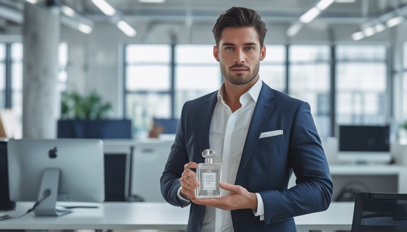 Seorang pria berpakaian rapi memegang botol parfum di kantor modern dengan pencahayaan alami.