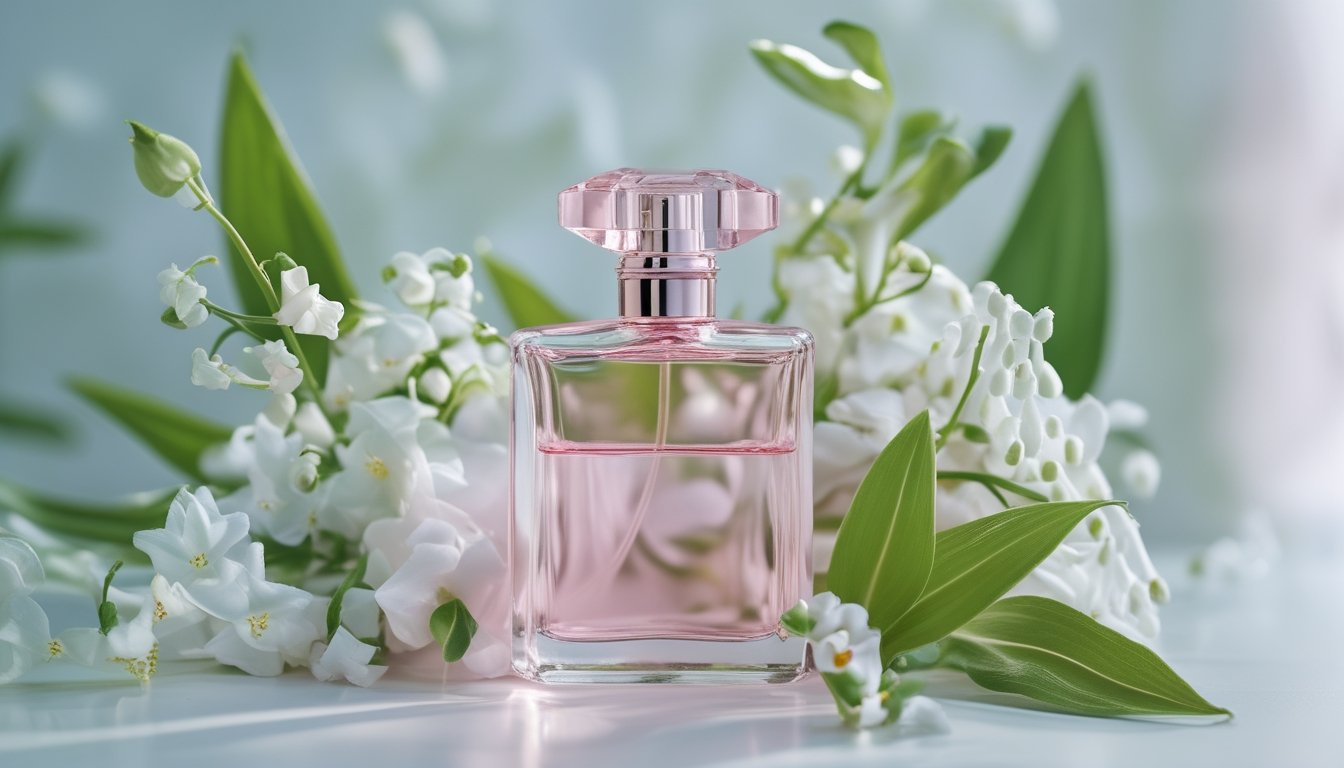 Botol parfum wanita yang elegan dikelilingi bunga segar dan daun hijau di atas permukaan putih.