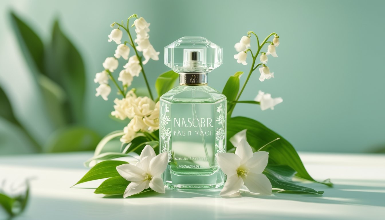 Botol parfum wanita dengan bunga segar berwarna putih dan hijau di sekitarnya.