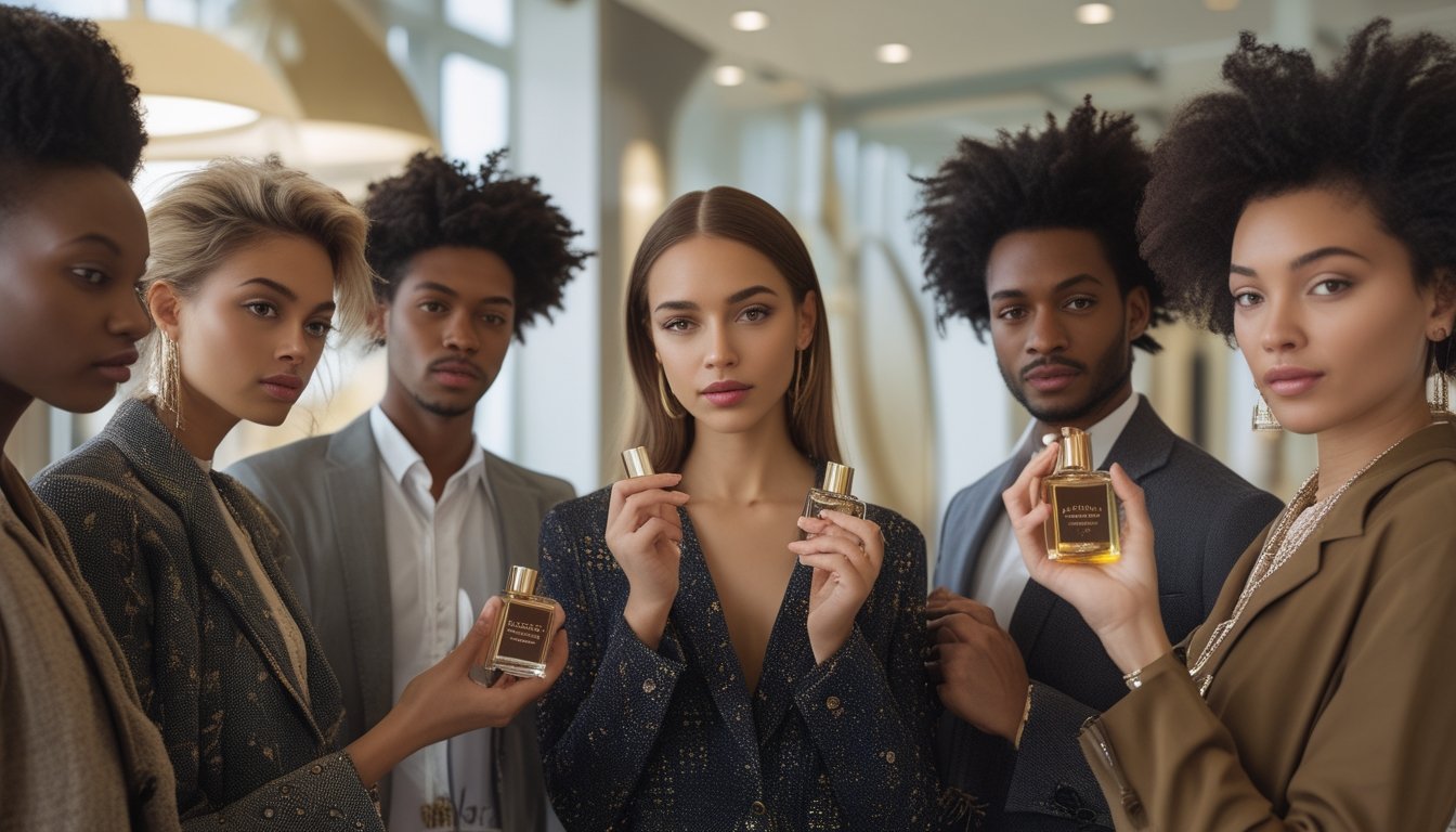 Beberapa orang dengan gaya berbeda sedang memegang dan menggunakan parfum di ruangan yang terang dan modern.