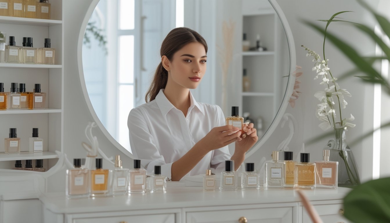 Seorang wanita muda sedang memilih parfum di ruangan dengan rak berisi berbagai botol parfum dan meja rias.
