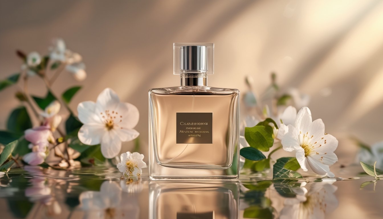 Botol parfum mewah dengan desain minimalis diletakkan di atas permukaan reflektif, dikelilingi bunga segar dan daun hijau.