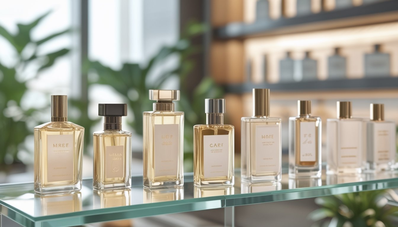 Deretan botol parfum lokal yang elegan tersusun rapi di rak kaca dalam sebuah butik modern dengan pencahayaan alami.