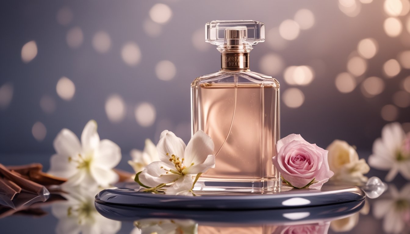 Botol parfum mewah diletakkan di permukaan reflektif dengan bunga-bunga di sekitarnya.