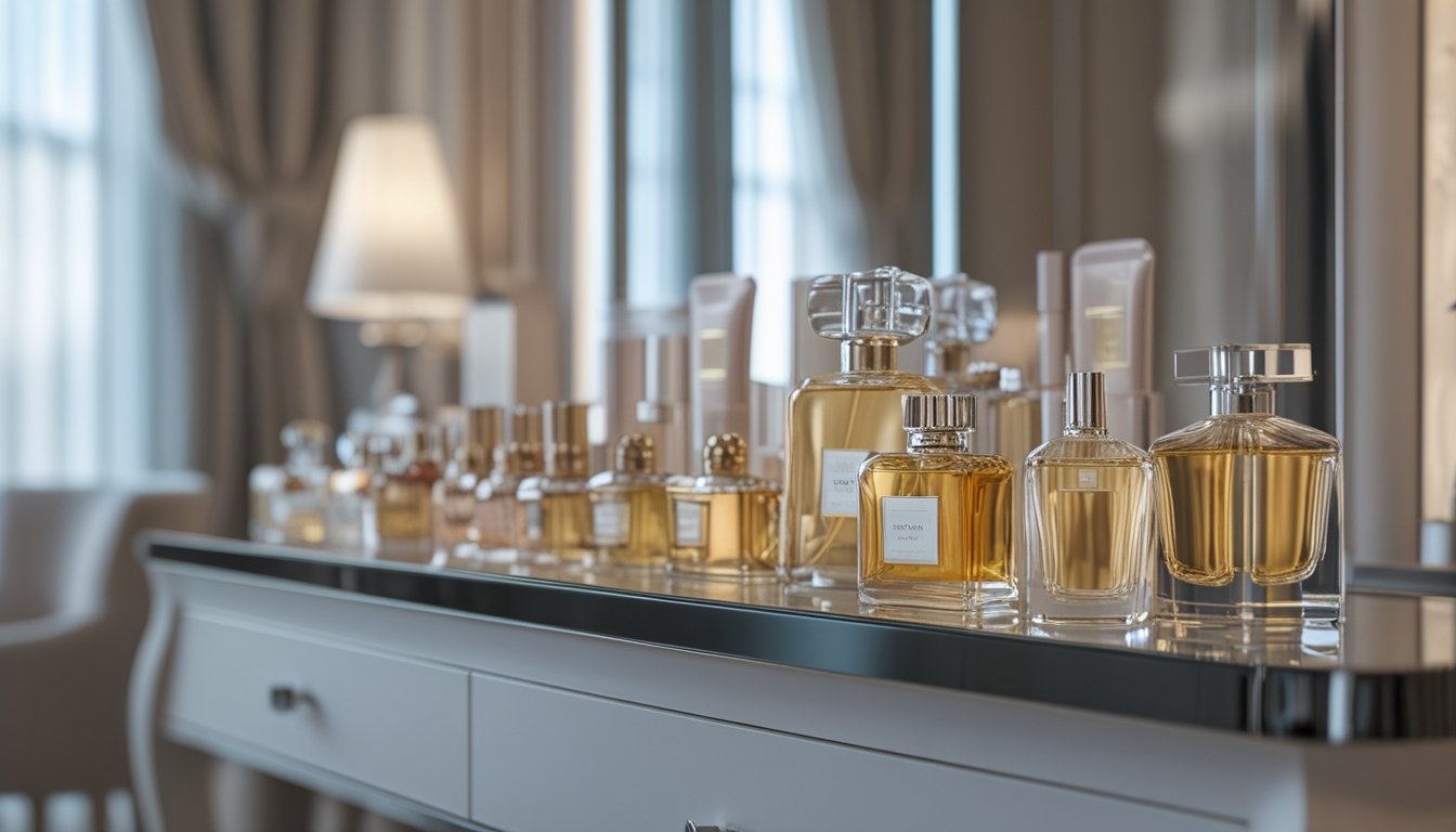Meja rias dengan berbagai botol parfum mewah yang tertata rapi di dalam ruangan bergaya modern.