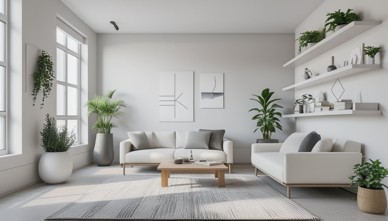 Ruang tamu rumah dengan sofa, meja kayu, tanaman hias, dan jendela besar yang menerangi ruangan.