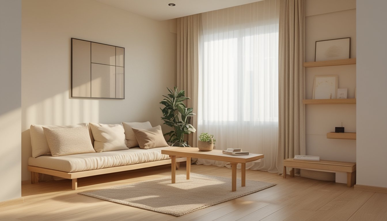 Ruang tamu dengan sofa kayu rendah, meja kopi dengan tanaman hijau, pencahayaan alami dari jendela besar, dan dekorasi minimalis yang rapi.