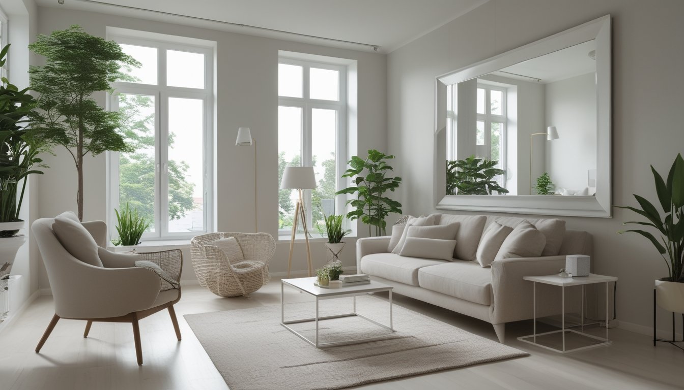 Ruang tamu kecil dengan pencahayaan alami, furnitur minimalis, cermin besar, dan tanaman hijau yang membuat ruangan terlihat lebih luas.