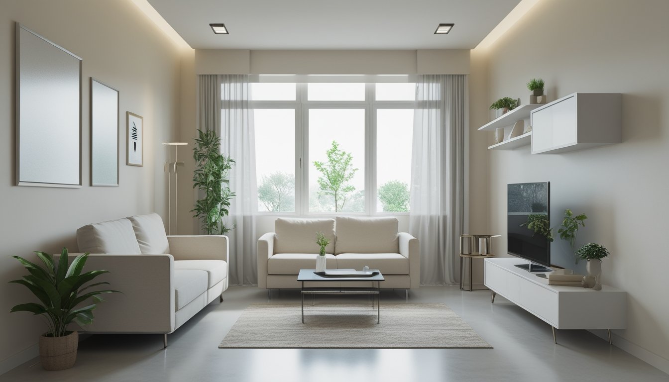 Ruang tamu kecil dengan sofa modern, meja kopi kecil, rak dinding, cahaya alami masuk melalui jendela besar, dan tanaman hias di sudut ruangan.
