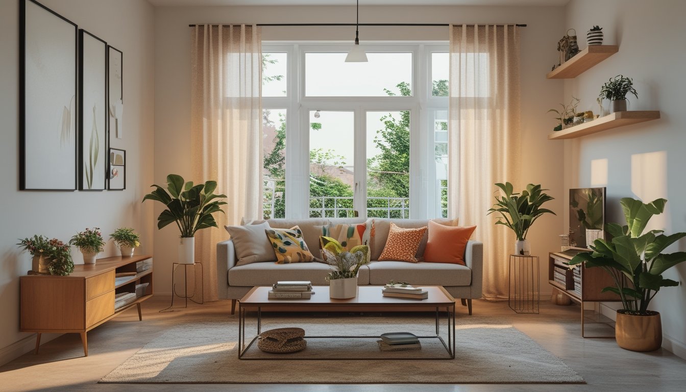 Ruang tamu modern dengan sofa nyaman, meja kopi dengan tanaman hias, dan pencahayaan alami dari jendela besar.