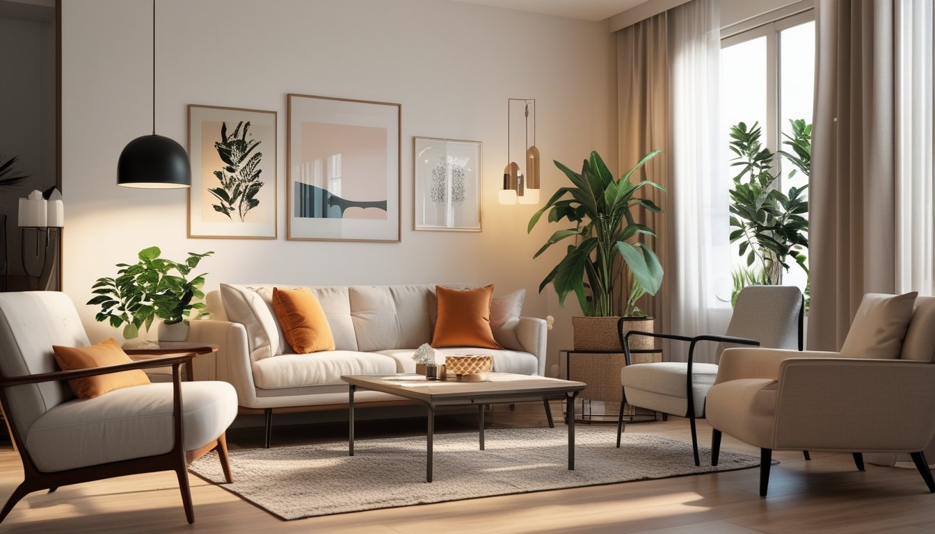 Ruang tamu modern dengan sofa, meja kopi, tanaman hias, dan jendela besar yang menerangi ruangan.