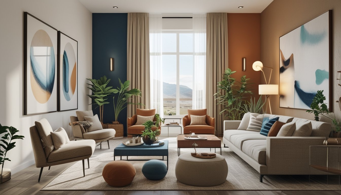 Ruang tamu modern dengan warna dekorasi yang hangat dan cerah, dilengkapi furnitur minimalis dan tanaman hias.
