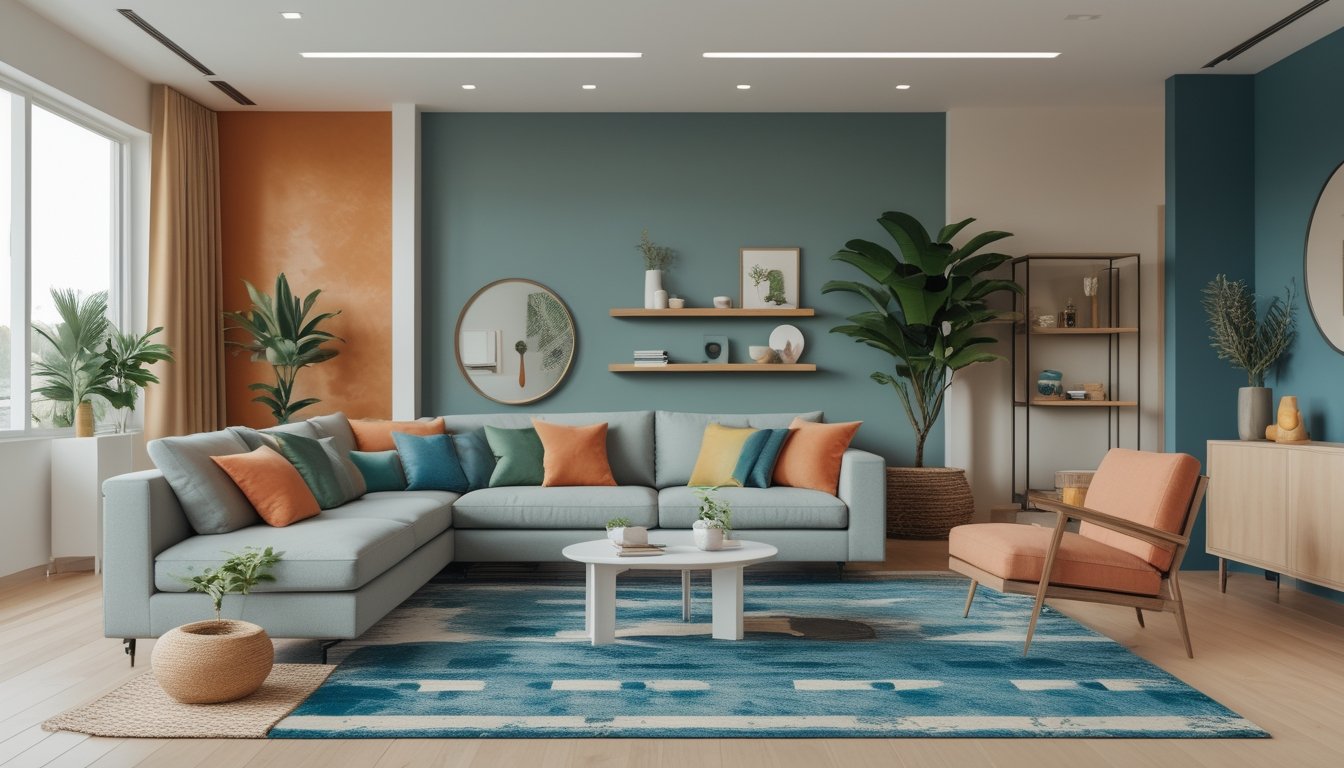 Ruang tamu modern dengan pencahayaan alami, furnitur minimalis, dan kombinasi warna dekorasi yang populer tahun ini.