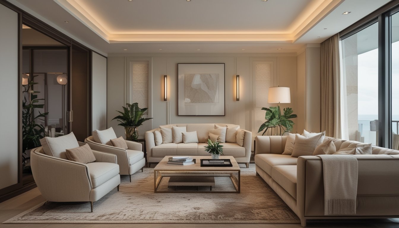 Ruang tamu modern dengan sofa nyaman, tanaman hias, dan pencahayaan hangat yang menciptakan suasana mewah dan nyaman.