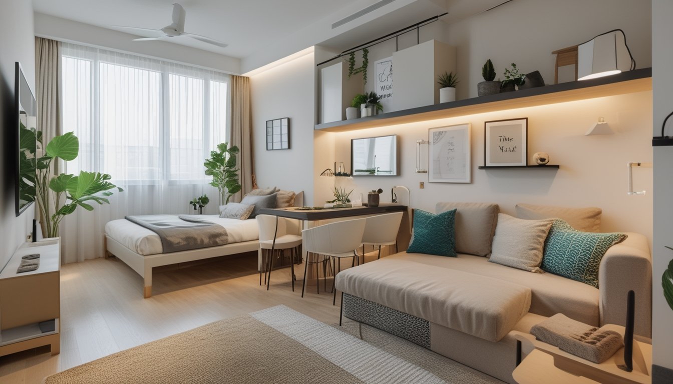 Interior apartemen studio yang fungsional dengan perabot multifungsi, pencahayaan alami, dan tanaman hijau.