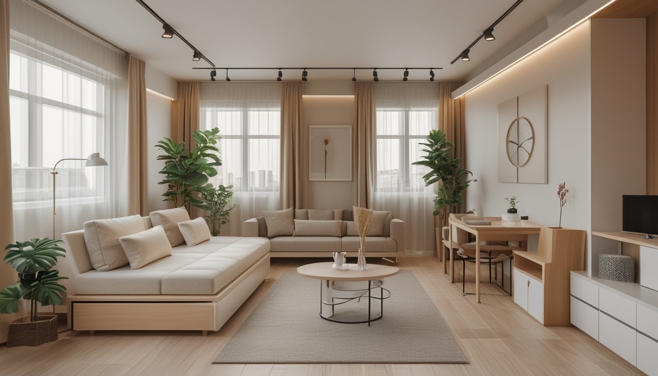 Ruang apartemen studio yang rapi dengan furnitur multifungsi dan pencahayaan alami.