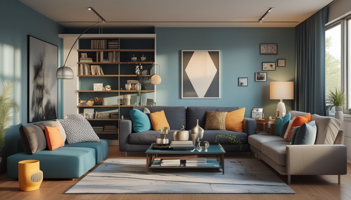 Ruang tamu modern dengan furnitur dan dekorasi yang tidak serasi, menampilkan kesalahan umum dalam dekorasi interior.