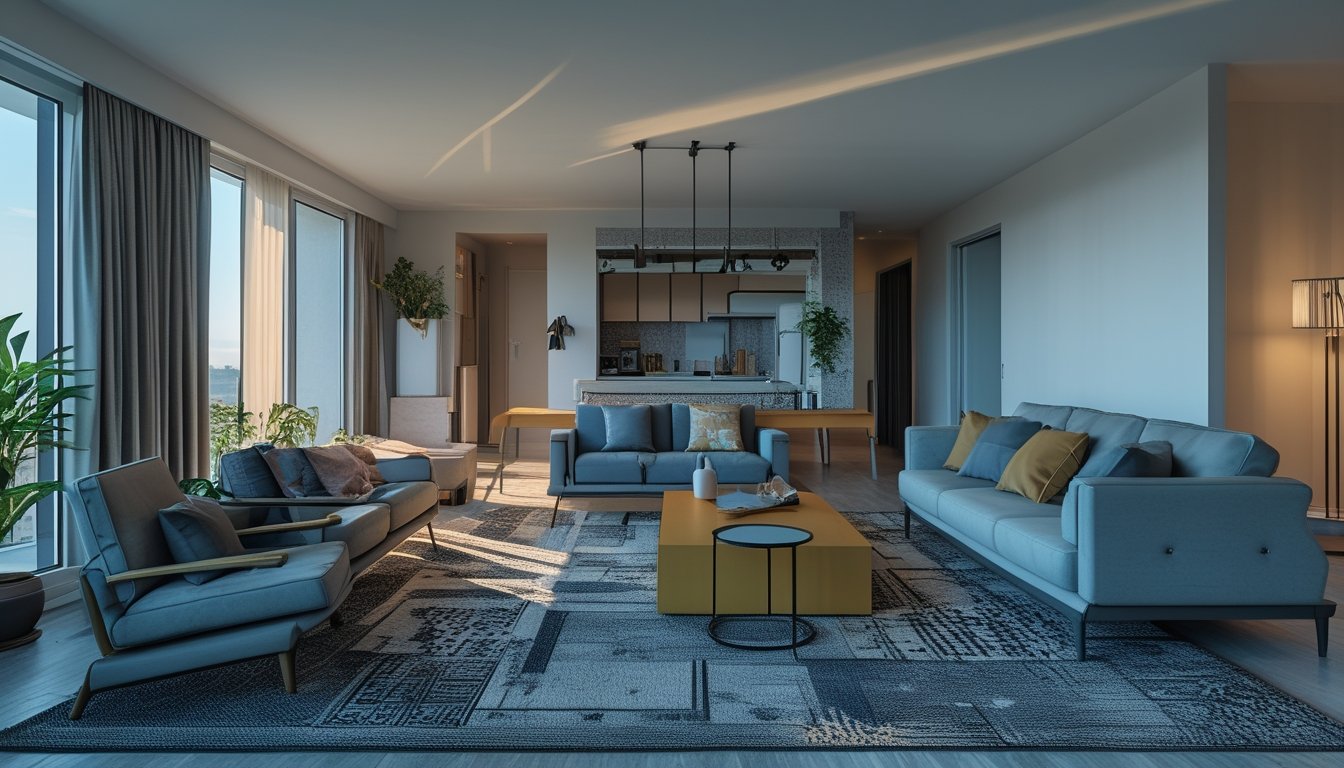 Ruang tamu dengan furnitur dan dekorasi yang tidak serasi dan penataan yang berantakan.