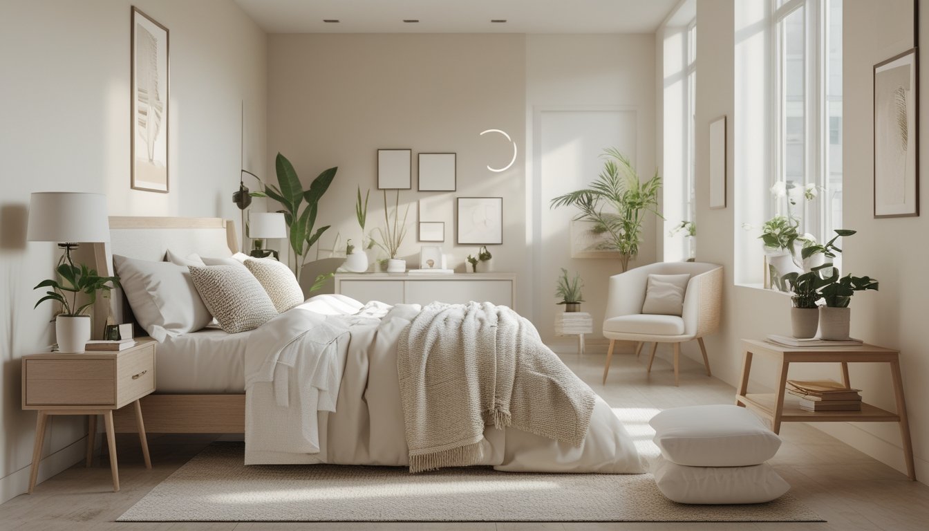 Sebuah kamar tidur yang rapi dengan tempat tidur, tanaman hias, dan pencahayaan alami yang menenangkan.