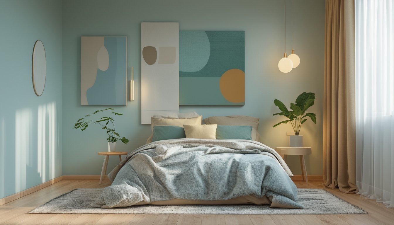 Sebuah kamar tidur dengan tempat tidur rapi, meja samping tempat tidur dengan tanaman kecil, jendela besar dengan tirai tipis, dan pencahayaan alami yang lembut.