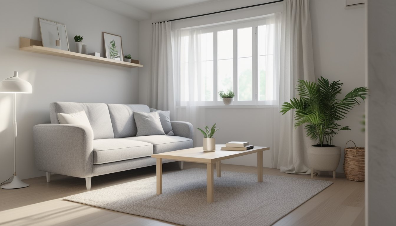 Ruang keluarga kecil dengan sofa abu-abu, meja kayu, tanaman hias, dan jendela besar yang menerangi ruangan.