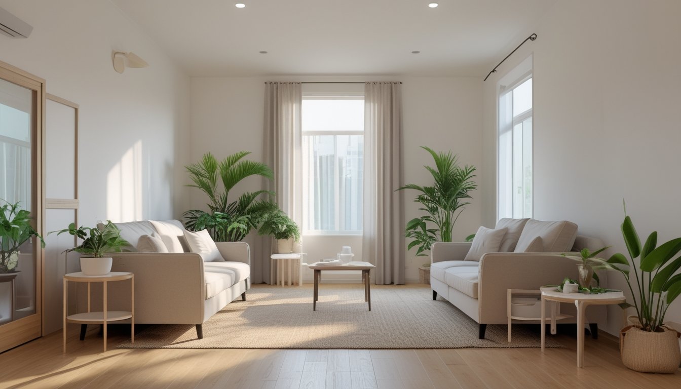 Ruang keluarga sederhana yang rapi dan terlihat luas dengan sofa, meja kopi kecil, tanaman hias, dan cahaya alami dari jendela besar.
