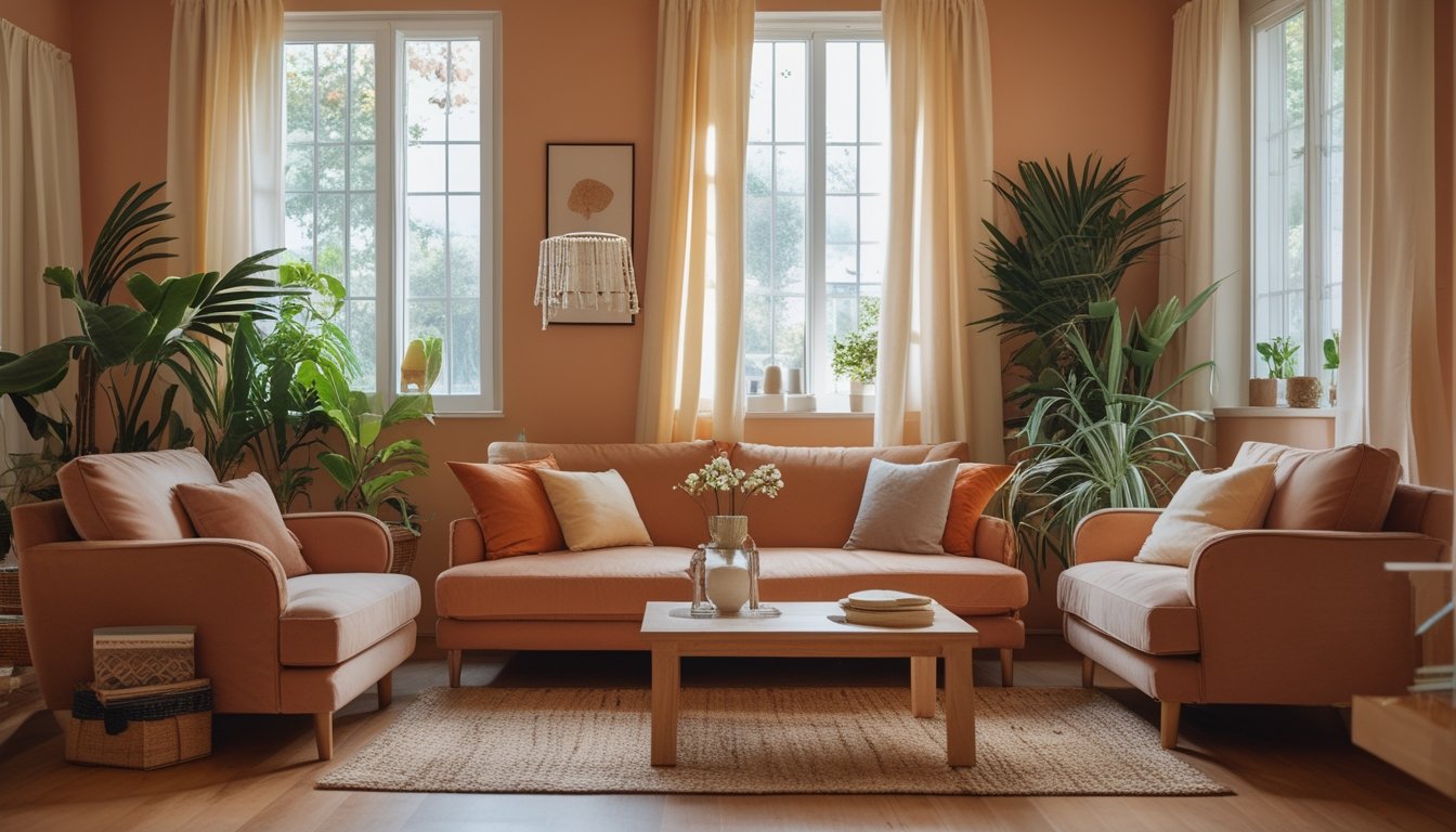 Ruang keluarga yang nyaman dengan sofa hangat, tanaman hijau, dan cahaya alami yang masuk melalui jendela besar.