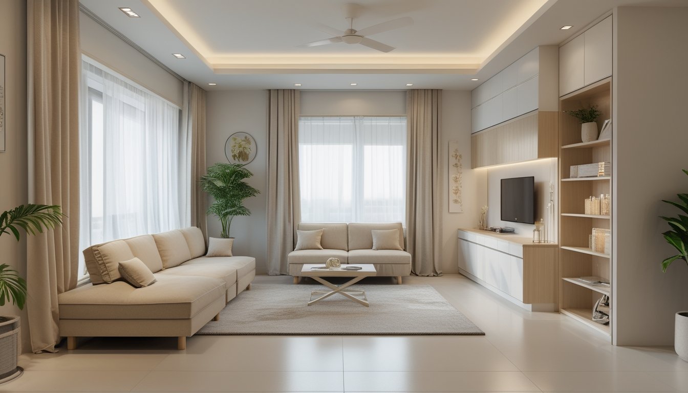 Ruang keluarga multifungsi yang rapi dan lega dengan sofa kecil, meja kopi, area makan kecil, dan jendela besar yang menerangi ruangan.