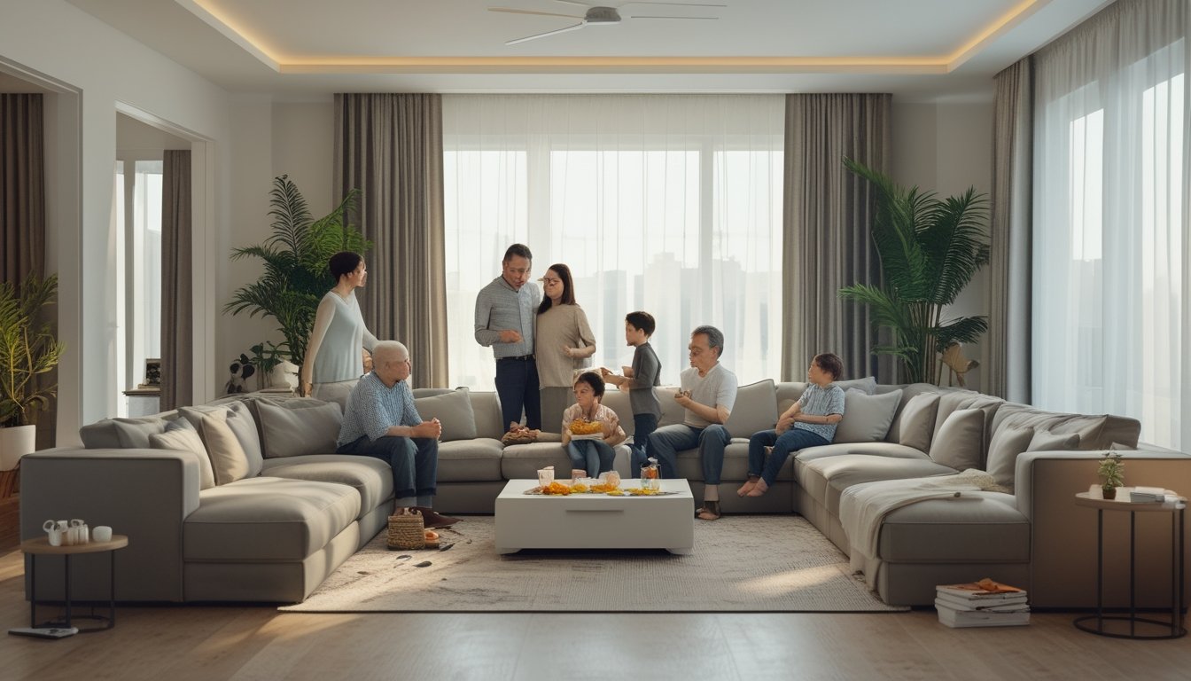Ruang keluarga luas dengan sofa besar dan beberapa anggota keluarga dari berbagai usia sedang berkumpul dan berbincang dengan hangat.