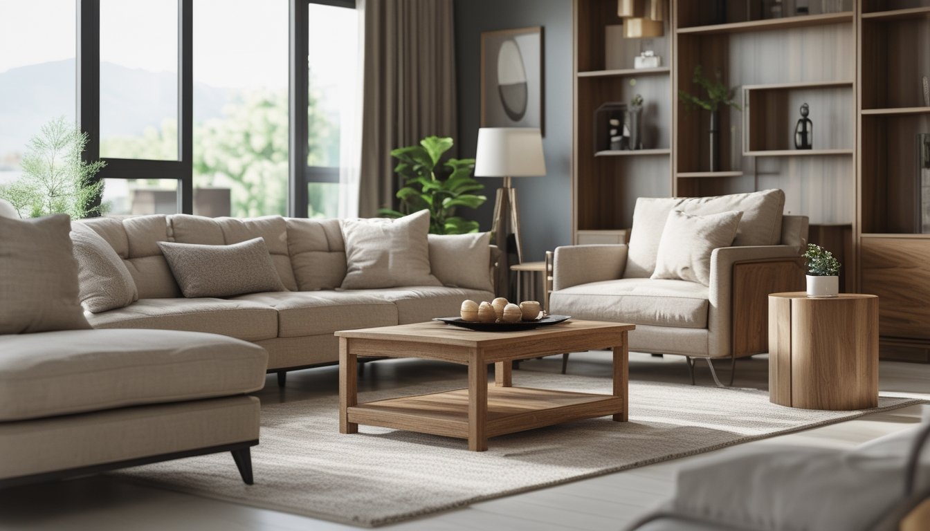 Ruang keluarga modern dengan sofa nyaman, meja kopi kayu, dan rak dekoratif yang rapi dan terang.