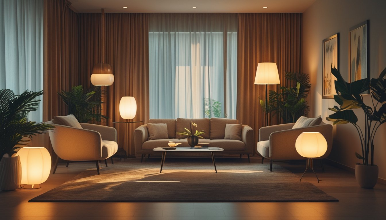 Ruang keluarga modern dengan pencahayaan hangat dan elegan, menampilkan sofa, lampu lantai, dan tanaman hias.