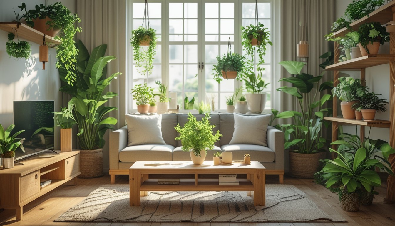 Ruang keluarga dengan furnitur kayu dan berbagai tanaman hias yang menghiasi ruangan, diterangi cahaya alami dari jendela besar.