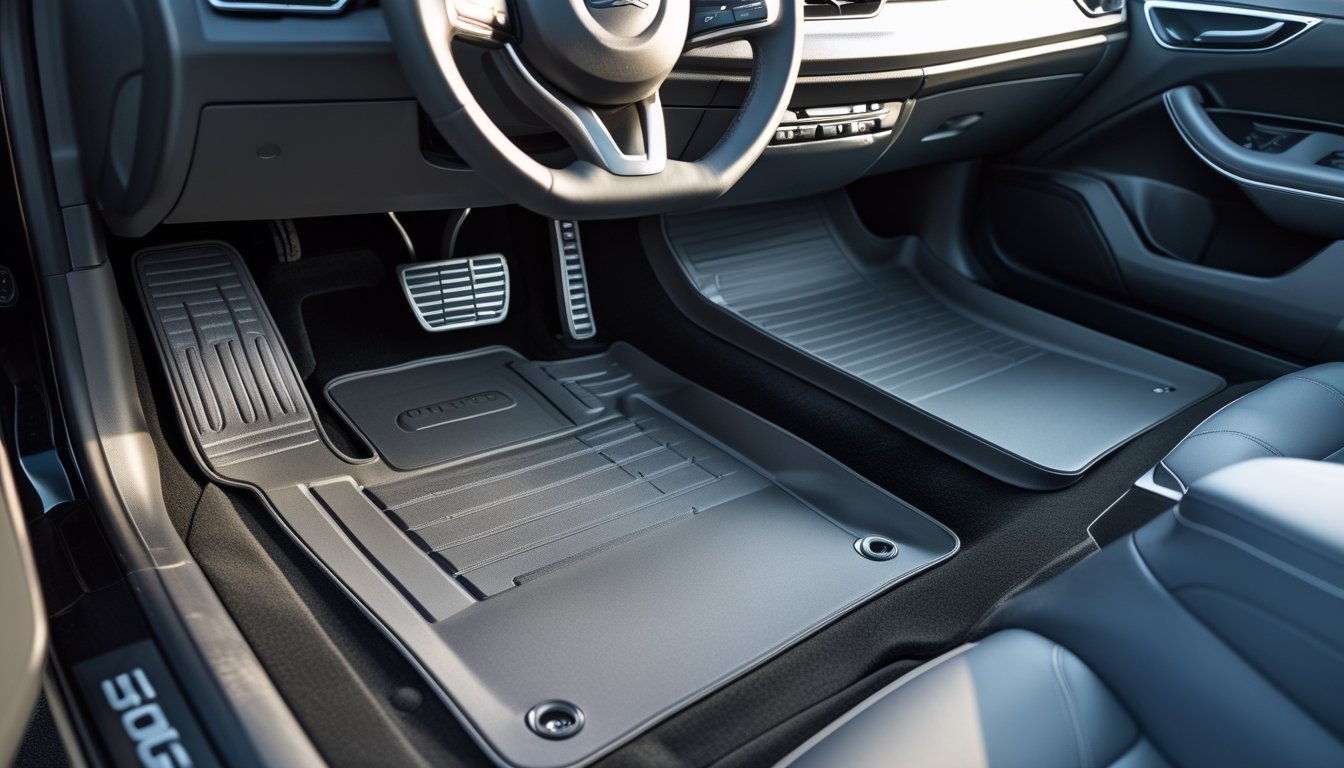 Interior mobil modern dengan karpet mobil bersih dan rapi di lantai, menampilkan kenyamanan dan perlindungan.