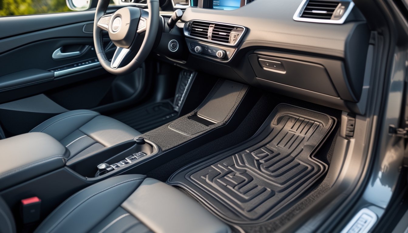 Interior mobil modern dengan karpet mobil berkualitas tinggi yang terpasang rapi di lantai mobil.