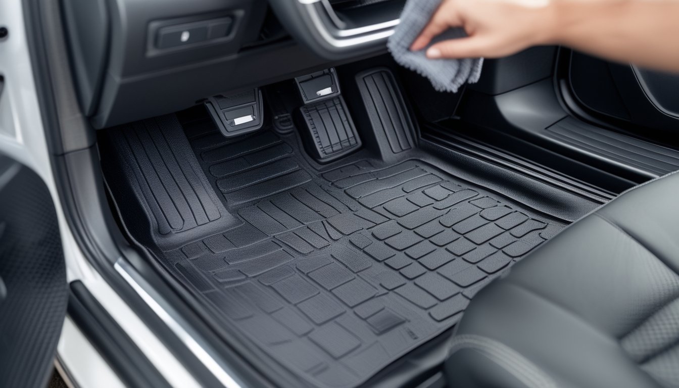 Interior mobil dengan karpet mobil anti air terbaru yang tahan lama dan mudah dibersihkan, terlihat di sisi pengemudi dan penumpang.