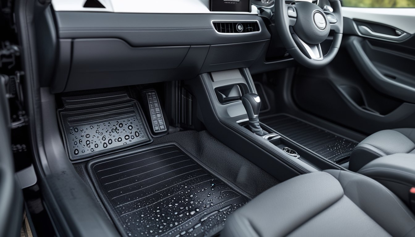 Foto interior mobil menunjukkan karpet mobil anti air terbaru dengan permukaan bertekstur dan tetesan air di atasnya.
