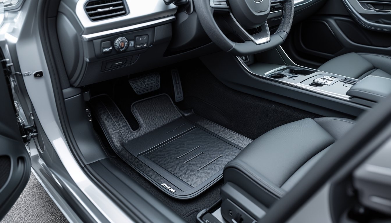 Interior mobil modern dengan karpet mobil custom yang pas dan rapi di lantai sisi pengemudi.