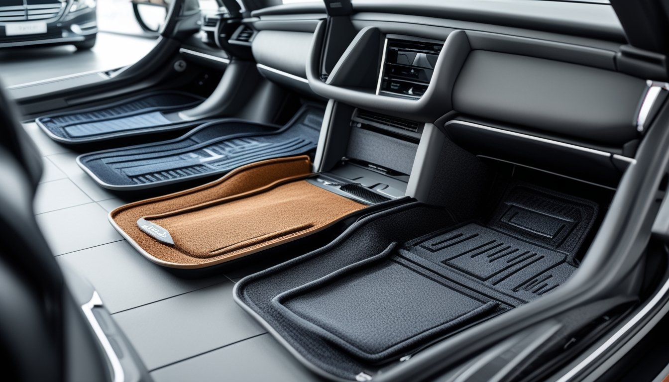Berbagai karpet mobil custom dengan bahan berbeda dipasang di beberapa mobil modern tahun 2026 yang diparkir di showroom.
