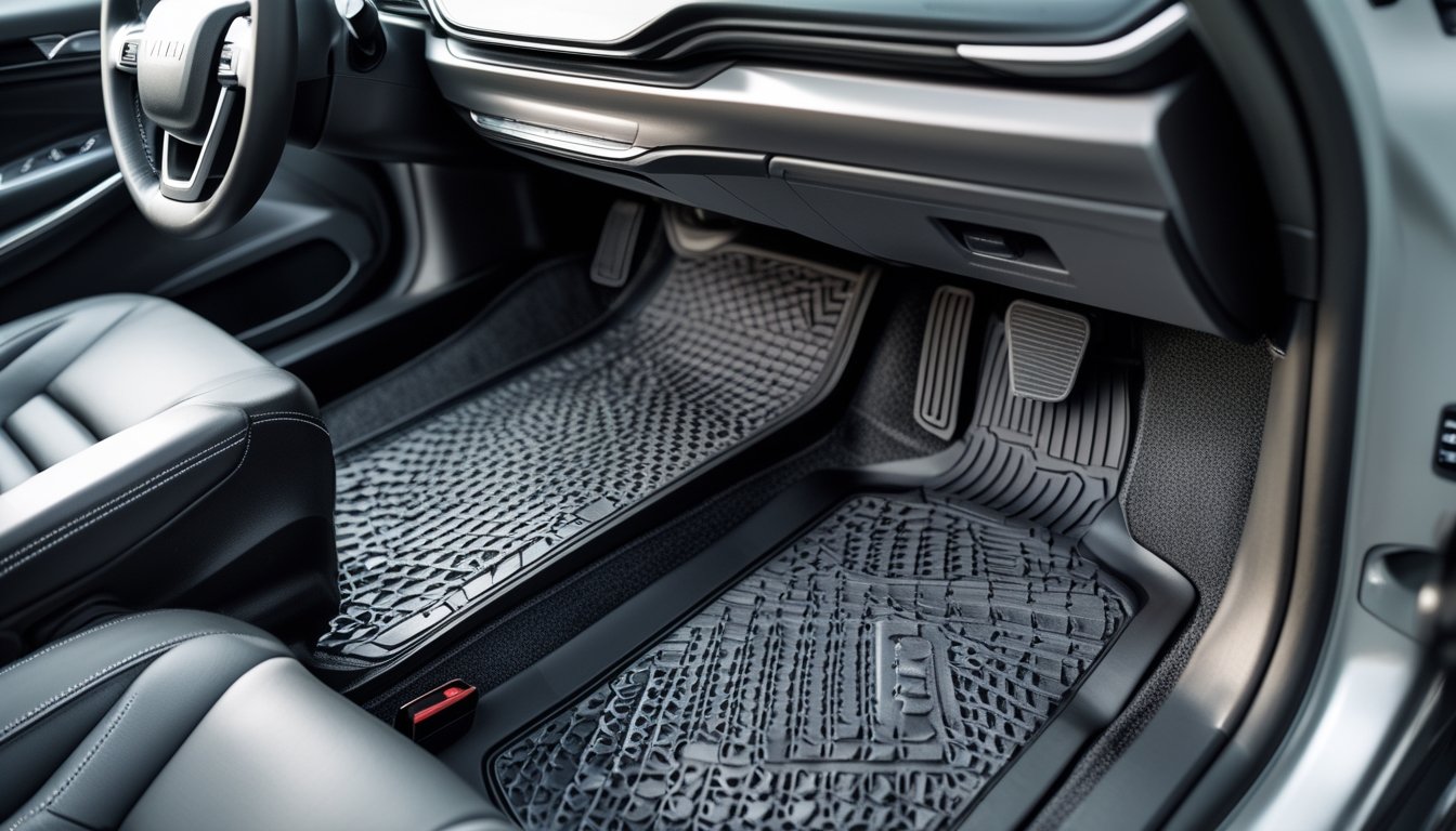Interior mobil modern dengan karpet mobil 3D dan 5D yang terpasang di lantai, menunjukkan perbedaan tekstur dan kualitas karpet.