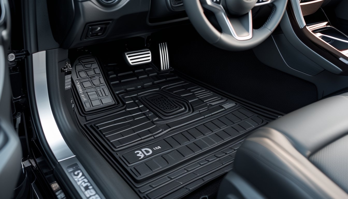 Perbandingan dua karpet mobil 3D dan 5D yang diletakkan berdampingan di dalam interior mobil yang bersih.