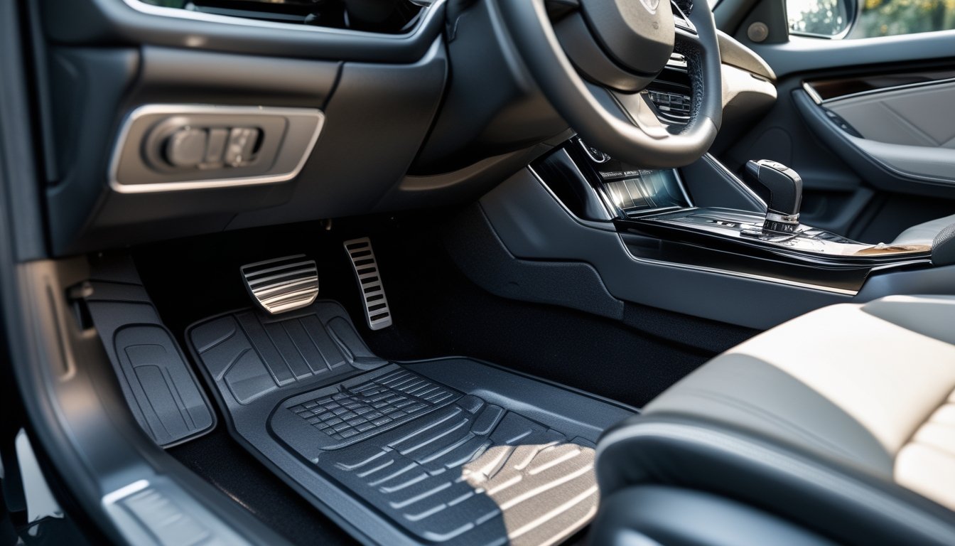 Interior mobil dengan karpet mobil yang bersih dan rapi di sisi pengemudi.