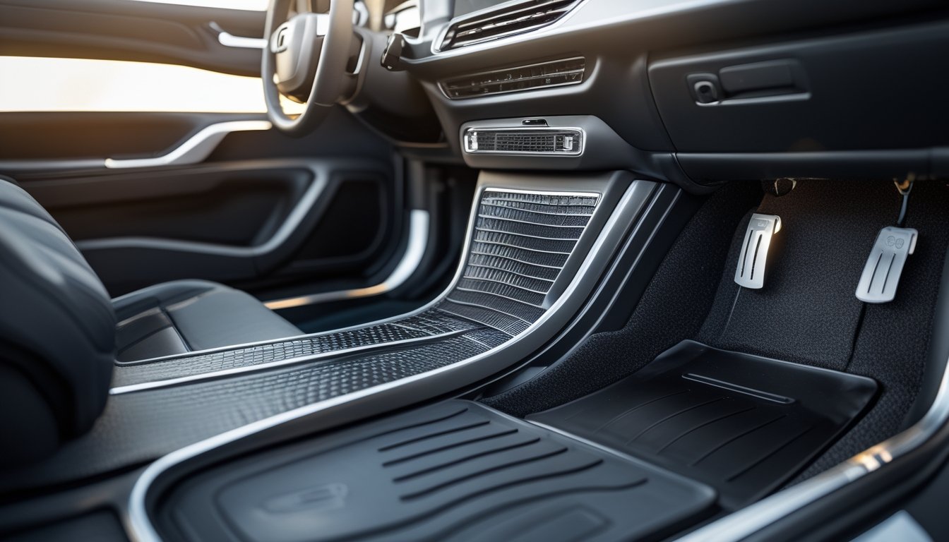 Interior mobil modern dengan berbagai jenis karpet mobil yang rapi dan bersih di bagian lantai pengemudi.