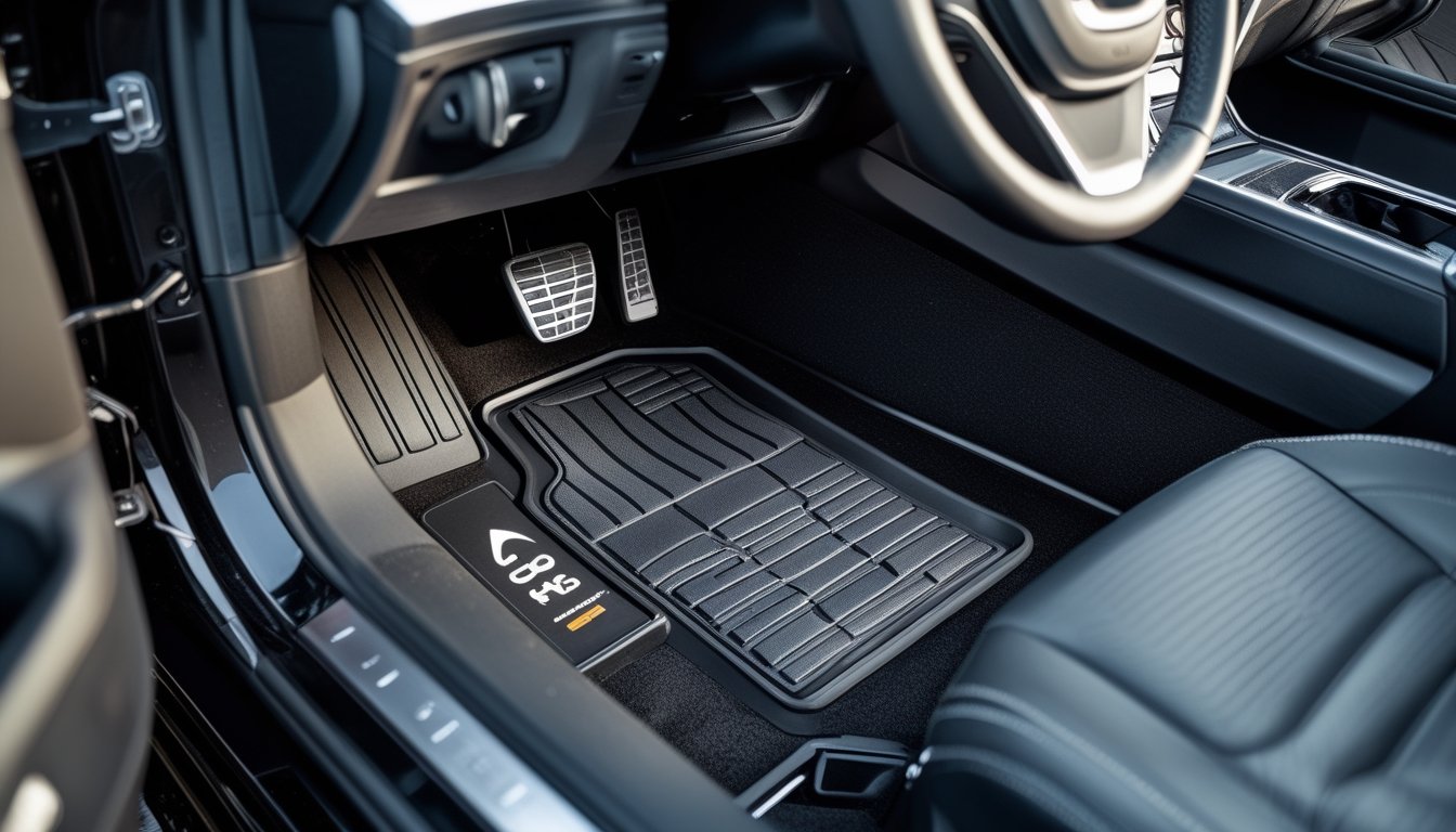 Interior mobil dengan karpet mobil anti slip bersih dan rapi di lantai mobil, menonjolkan keselamatan dan kebersihan.
