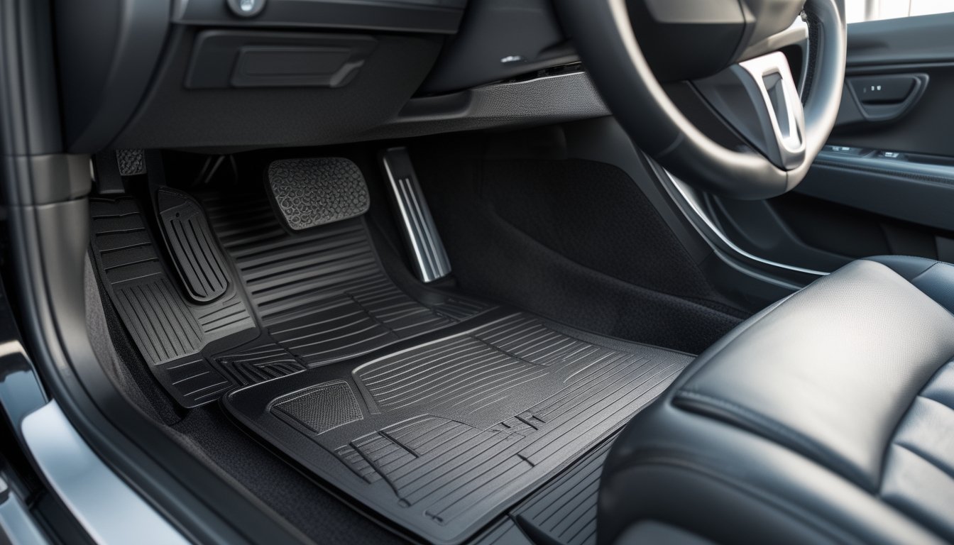 Interior mobil modern dengan karpet mobil anti slip yang bersih dan rapi di bagian lantai pengemudi.