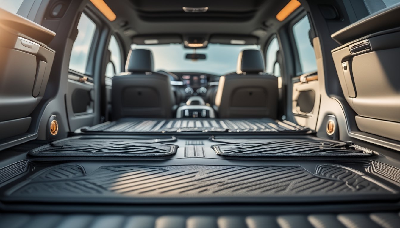 Interior mobil SUV modern dengan karpet mobil premium yang rapi di lantai, menonjolkan kualitas dan kenyamanan.