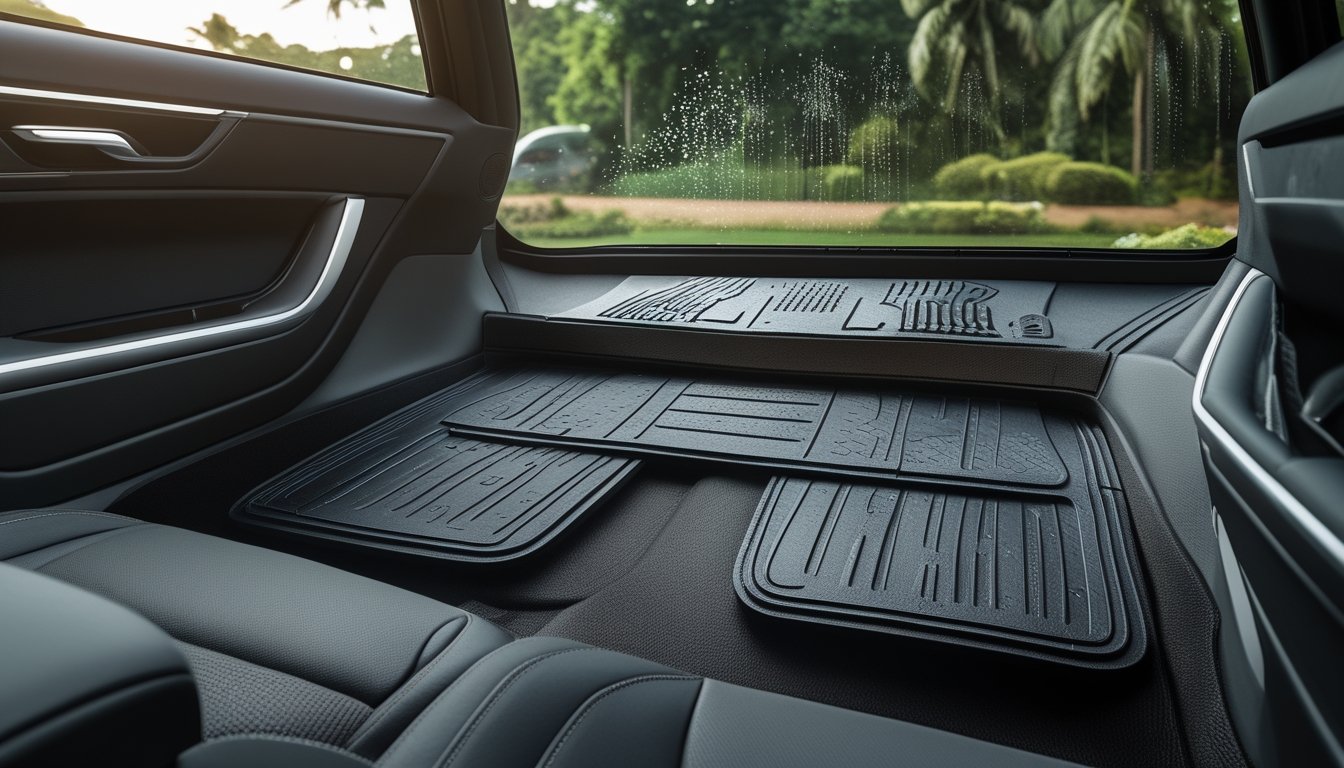 Karpet mobil all weather terbaru terpasang di dalam interior mobil dengan latar cuaca beragam terlihat melalui jendela.