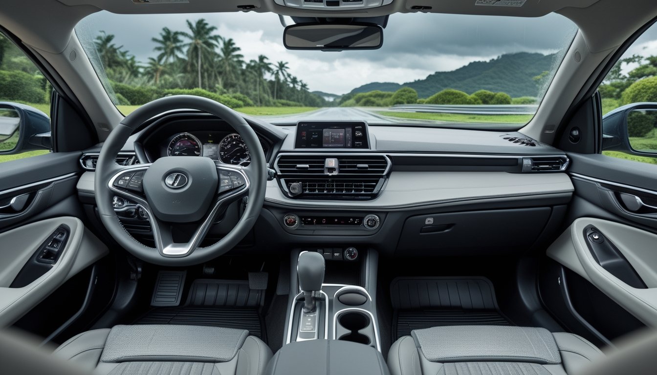 Interior mobil dengan karpet mobil tahan cuaca yang bersih dan tahan air, terlihat dari sisi pengemudi dan penumpang, dengan latar belakang cuaca hujan, cerah, dan mendung di luar jendela.