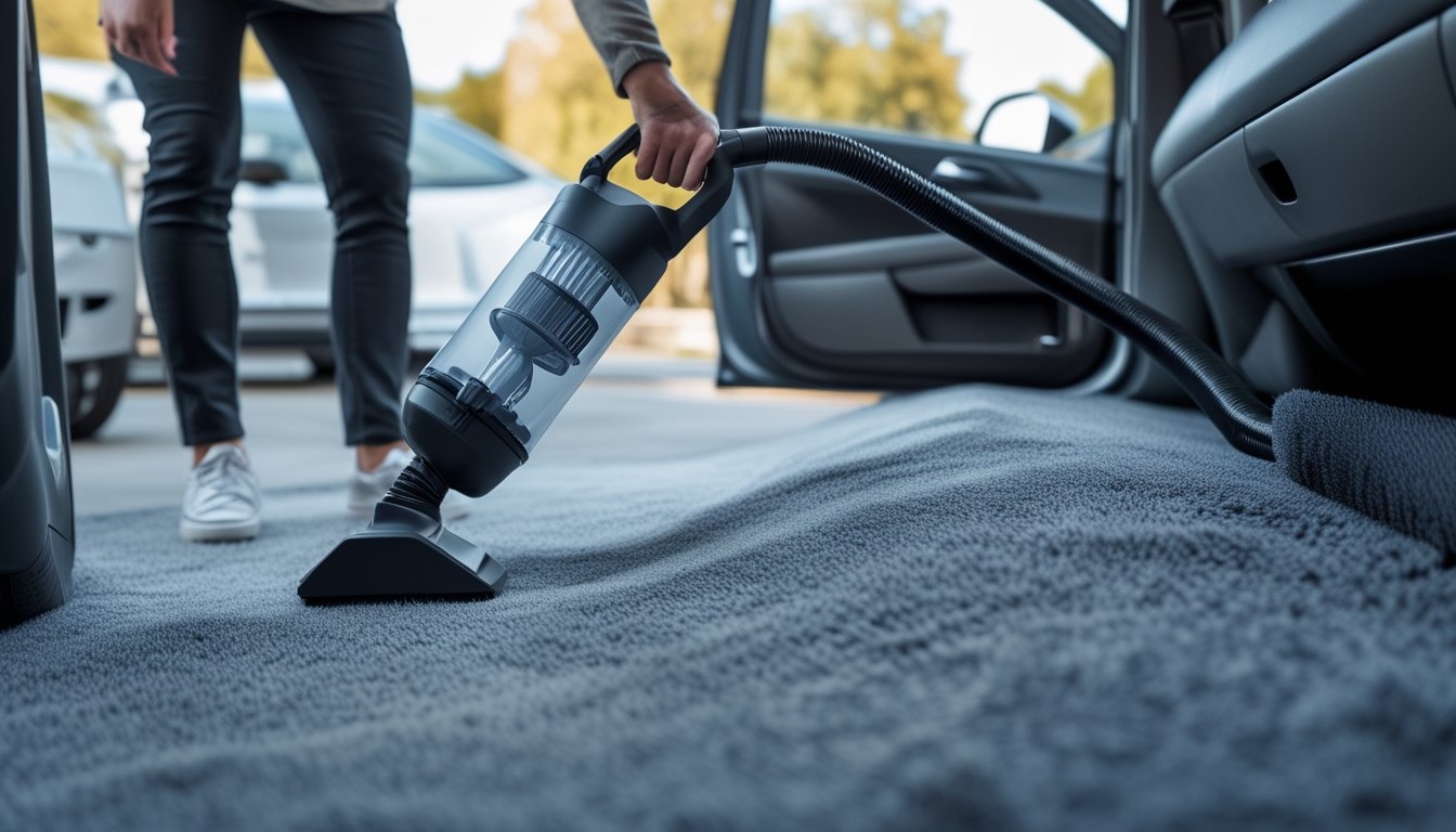 Seorang pria sedang membersihkan karpet mobil dengan vacuum di dalam mobil yang bersih dan terang.